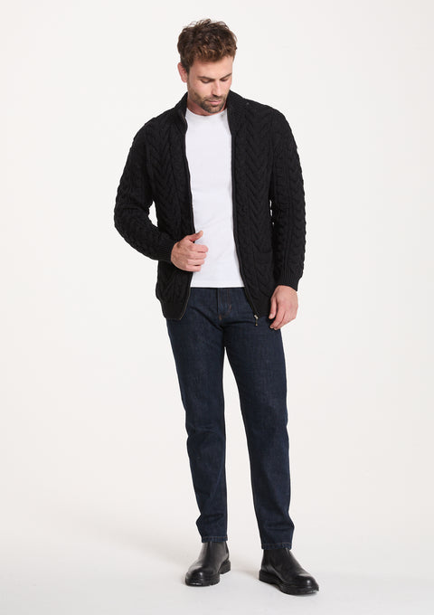 Corraun Mens Aran Zipper Merino Cardigan - Black