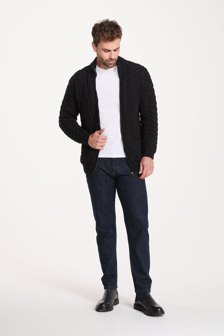 Corraun Mens Aran Zipper Merino Cardigan - Black