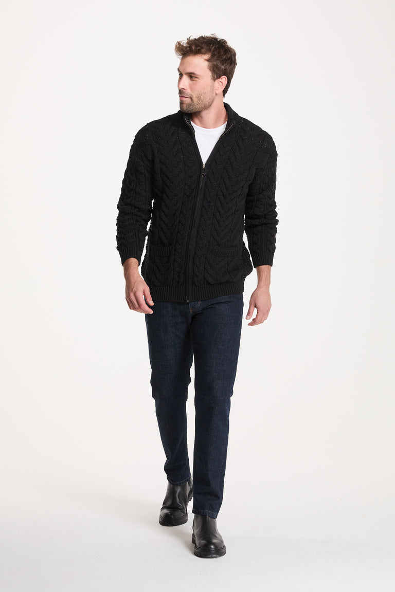 Corraun Mens Aran Zipper Merino Cardigan - Black