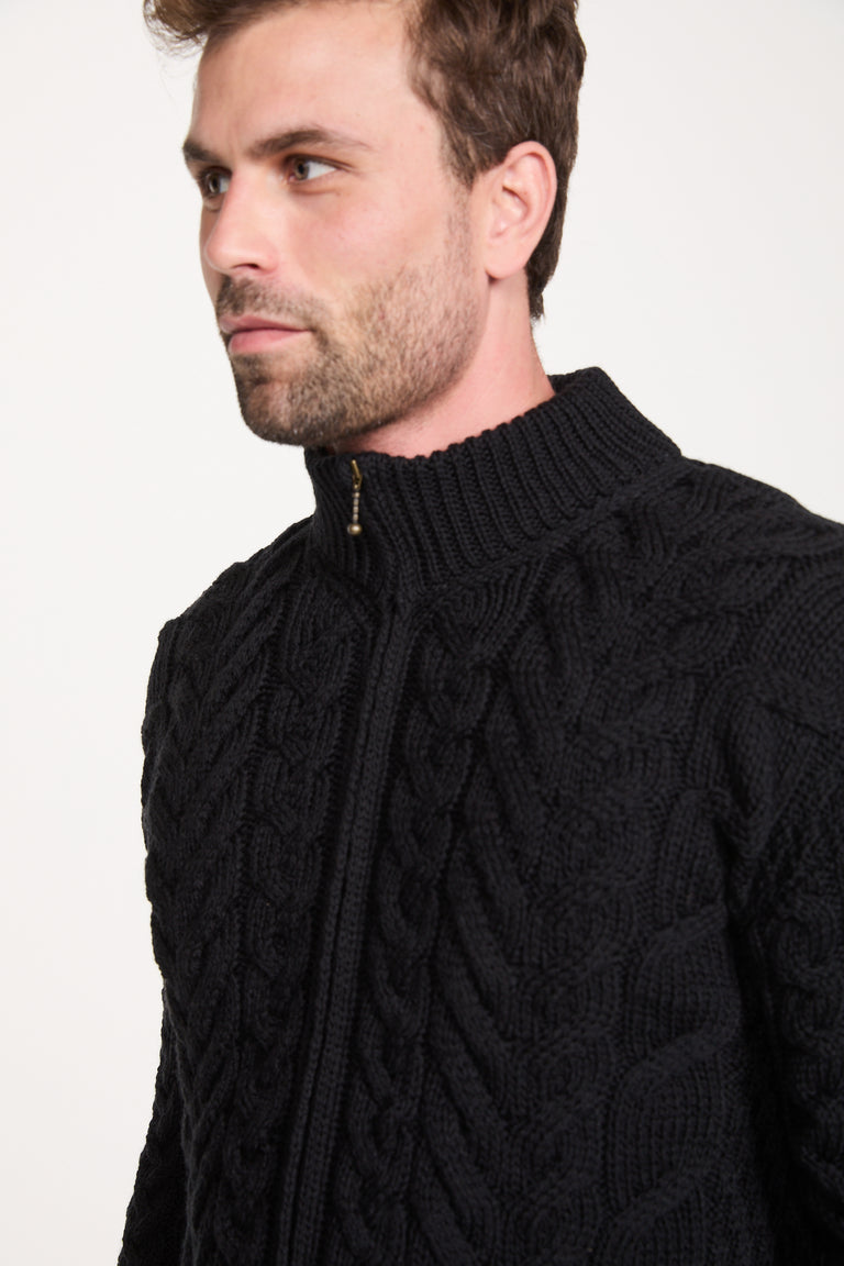 Corraun Mens Aran Zipper Merino Cardigan - Black