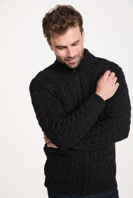 Cardigan zippé Corraun Aran en laine mérinos pour homme - Crème