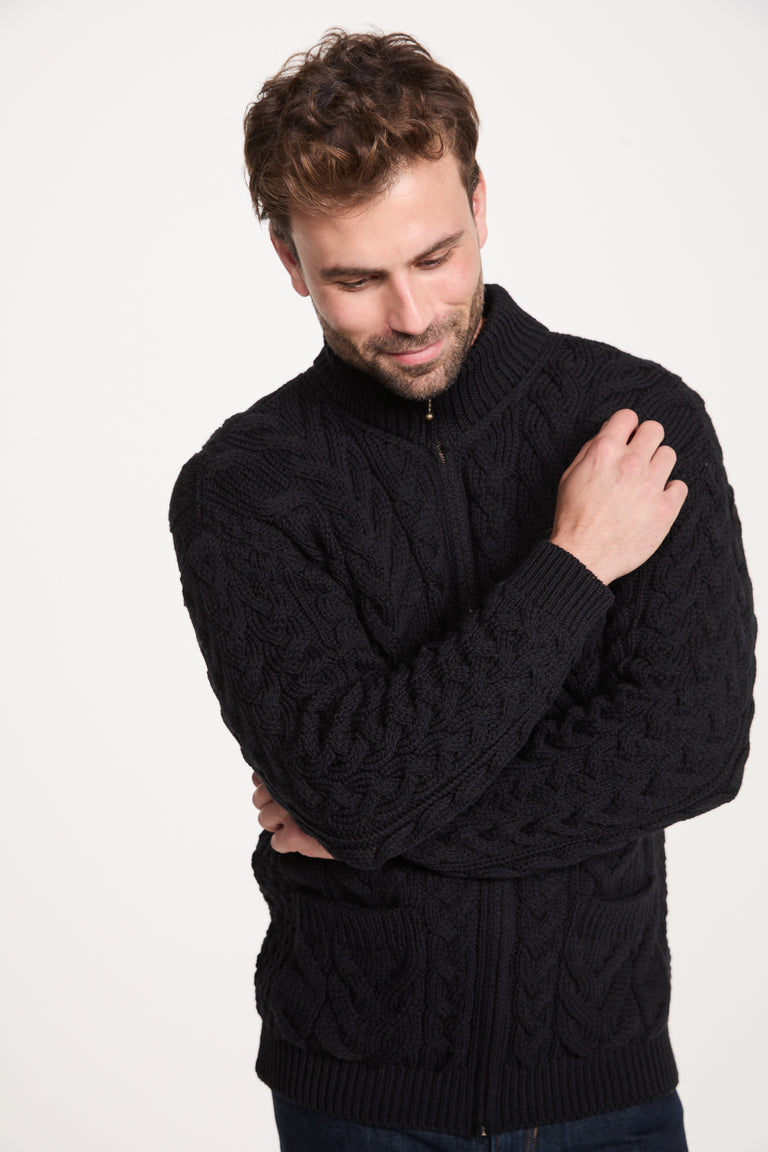 Corraun Mens Aran Zipper Merino Cardigan - Black
