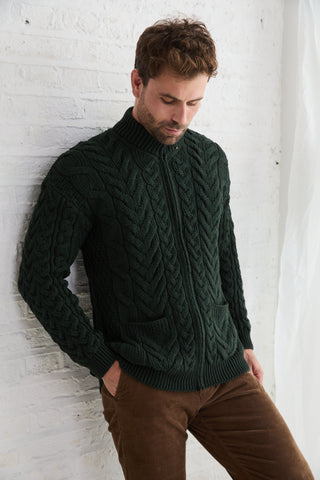 Corraun Mens Aran Zipper Merino Cardigan - Green