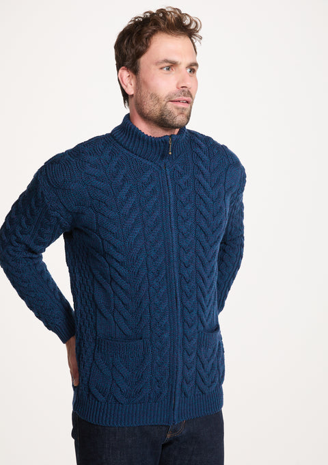 Corraun Mens Aran Zipper Merino Cardigan - Teal