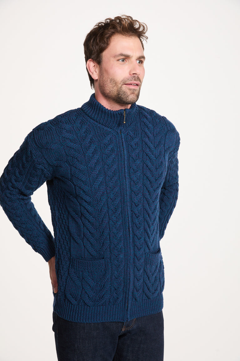 Corraun Mens Aran Zipper Merino Cardigan - Teal