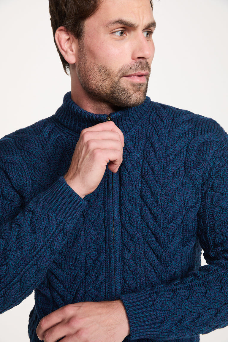 Corraun Mens Aran Zipper Merino Cardigan - Teal