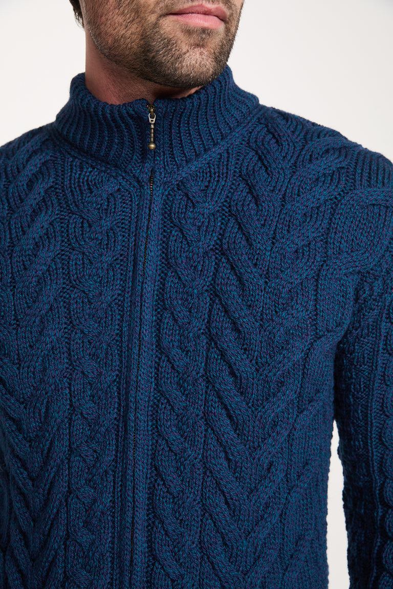 Corraun Mens Aran Zipper Merino Cardigan - Teal
