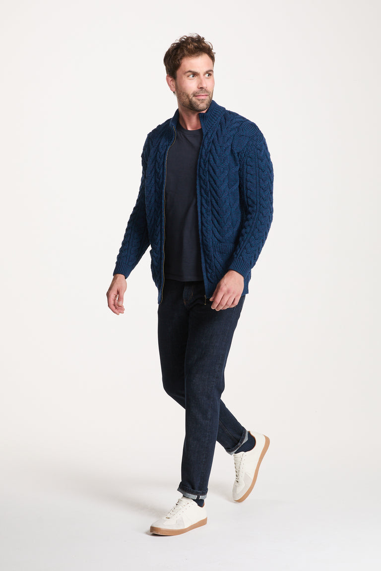 Corraun Mens Aran Zipper Merino Cardigan - Teal