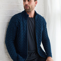 Corraun Mens Aran Zipper Merino Cardigan - Teal
