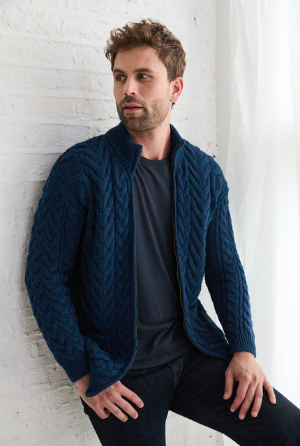 Cardigan zippé Corraun Aran en laine mérinos pour homme - Crème