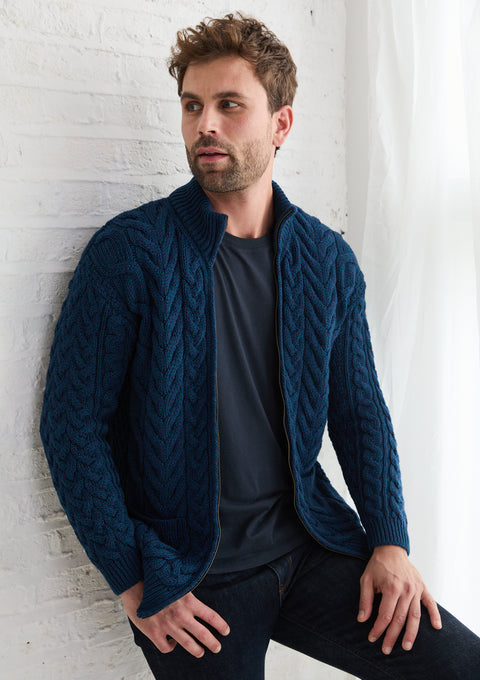 Cardigan zippé Corraun Aran en laine mérinos pour homme - Crème
