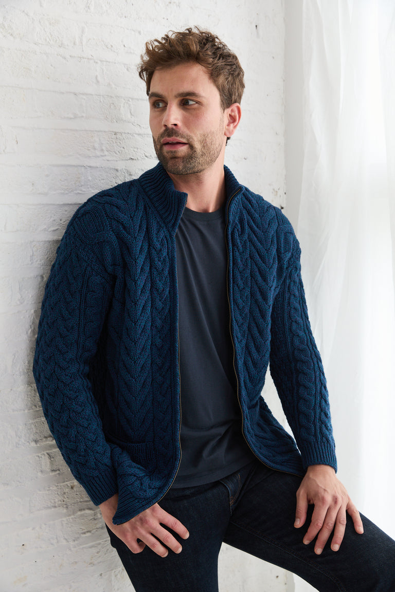 Corraun Mens Aran Zipper Merino Cardigan - Teal