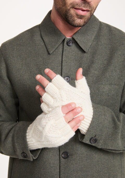 Gants sans doigts en laine mérinos tricotés à la main Killeany Aran - Crème