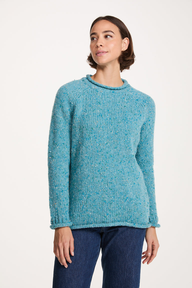 Brackloon Tweed Roll Neck Ladies Sweater - Aqua Blue