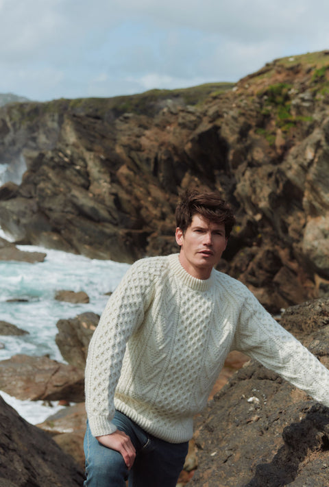Kilronan Aran Mens Honeycomb Sweater - Cream