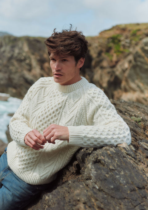 Kilronan Aran Mens Honeycomb Sweater - Cream