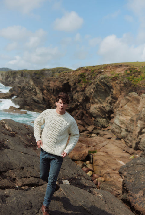 Kilronan Aran Mens Honeycomb Sweater - Cream