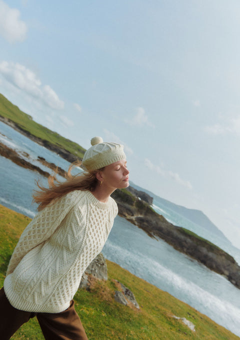 Kilronan Aran Damen-Wabenpullover - Creme