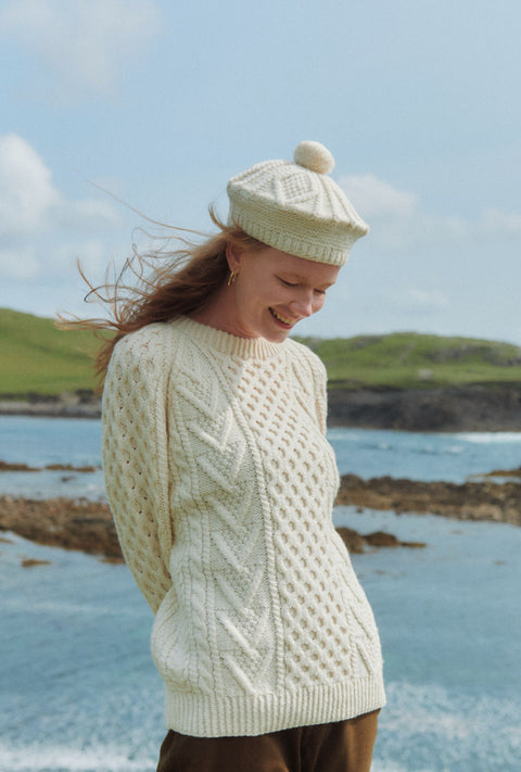 Kilronan Aran Ladies Honeycomb Sweater - Cream