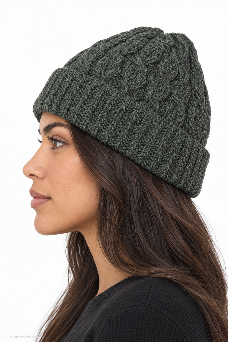 Bonnet Cong Aran en laine mérinos avec pompon - Vert