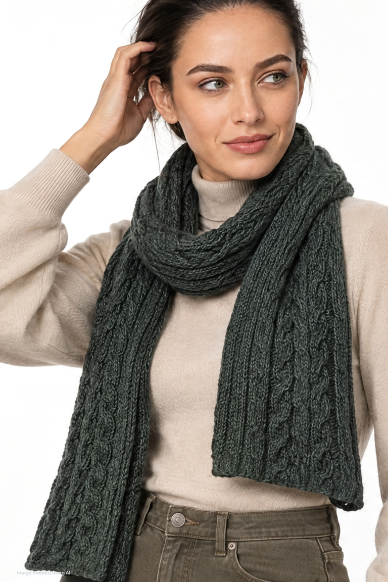 Carna Aran Cable Worsted Scarf - Forest Green