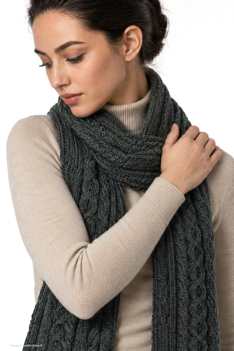 Carna Aran Cable Worsted Scarf - Forest Green