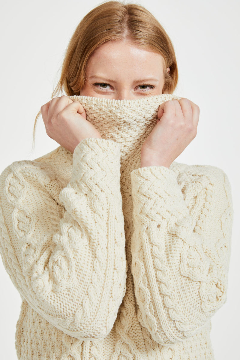 Merino wool, Ireland, Aran, jumper, Pullover, made in Ireland, knitwear, women's sweater, ladies' jumper, roll neck sweater,cream