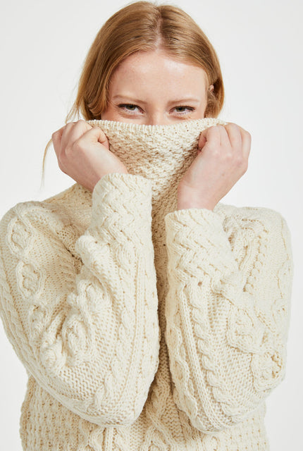Merino wool, Ireland, Aran, jumper, Pullover, made in Ireland, knitwear, women's sweater, ladies' jumper, roll neck sweater,cream