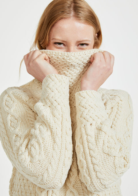 Merino wool, Ireland, Aran, jumper, Pullover, made in Ireland, knitwear, women's sweater, ladies' jumper, roll neck sweater,cream