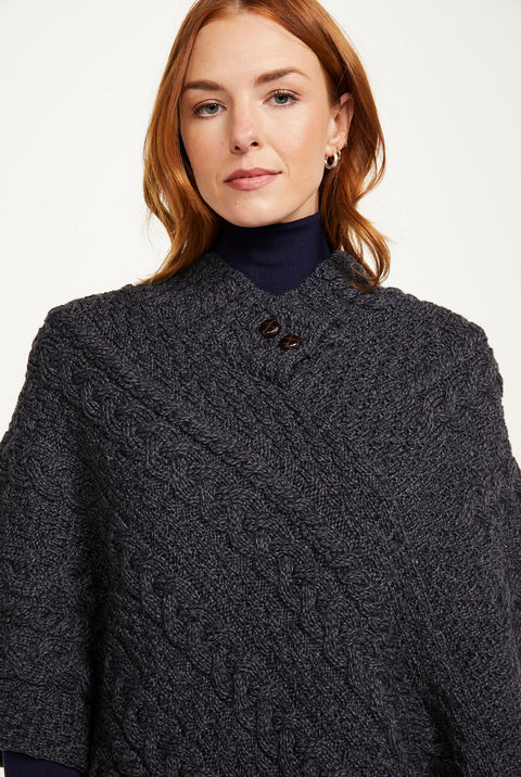 Easkey Damen-Poncho mit klassischem Aran-Knopf, Anthrazit