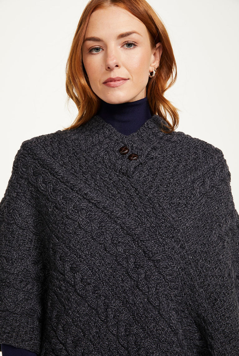 Easkey Ladies Classic Aran Button Poncho - Charcoal