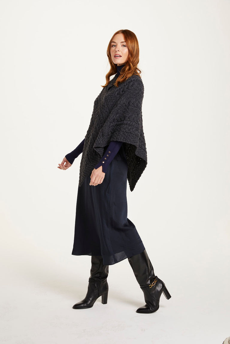 Easkey Ladies Classic Aran Button Poncho - Charcoal