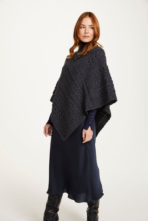 Easkey Ladies Classic Aran Button Poncho - Charcoal