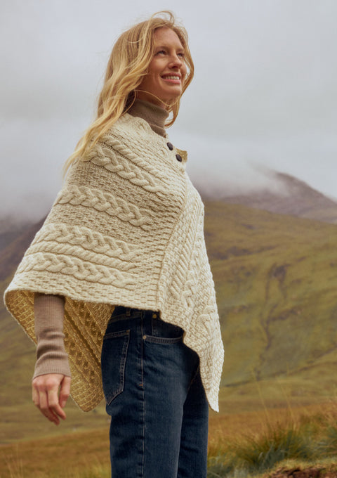 Merino wool, aran, wool poncho, Ireland, knitwear, made in Ireland, wrap,cream