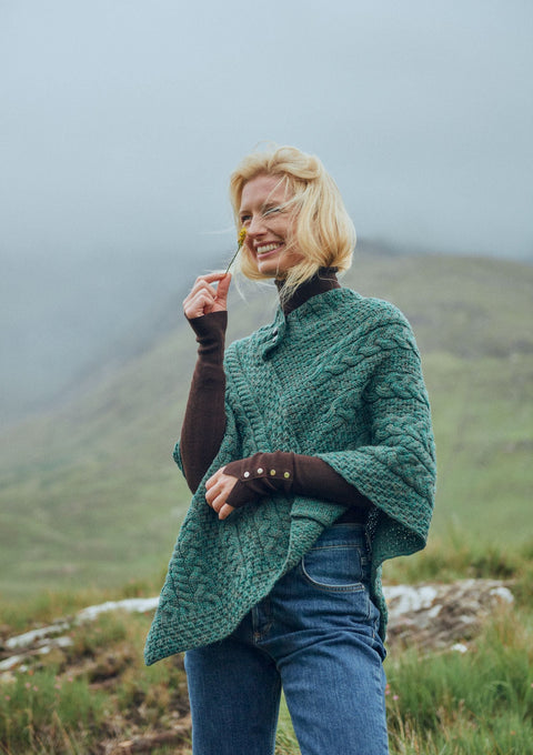 Merino wool, aran poncho, wool poncho, Ireland, knitwear,made in Ireland,wrap,Aran knitwear,green