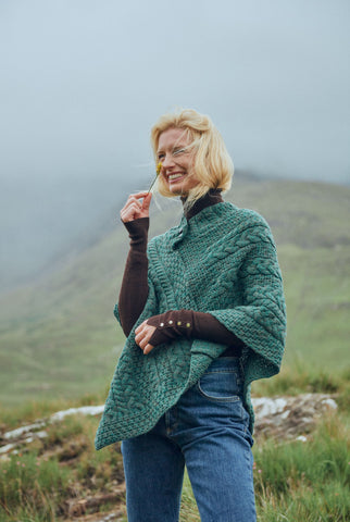 Easkey Ladies Classic Aran Button Poncho - Forest Green