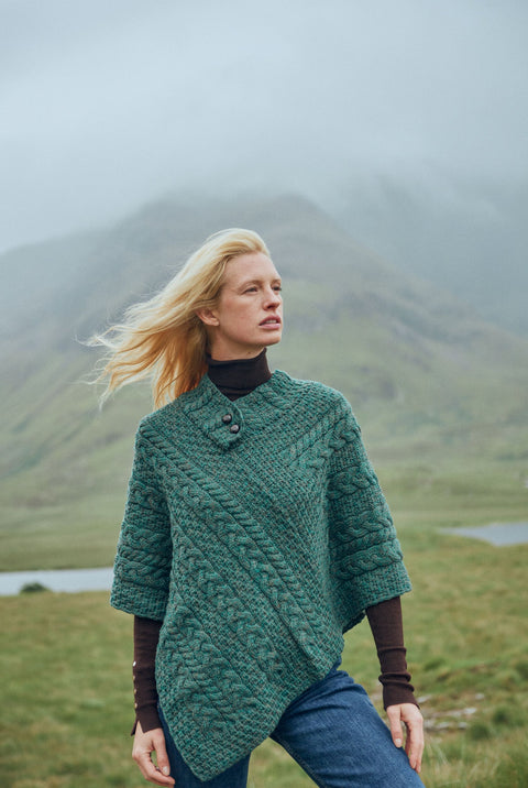 Easkey Ladies Classic Aran Button Poncho - Forest Green