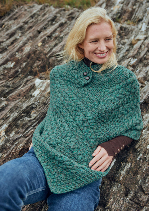 Merino wool, aran poncho, wool poncho, Ireland, knitwear,made in Ireland,wrap,Aran knitwear,green