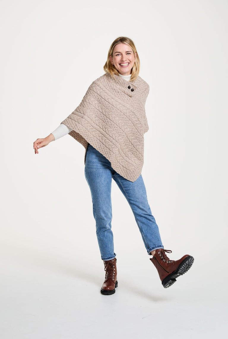 Easkey Damen-Poncho mit klassischem Aran-Knopf, Hafer