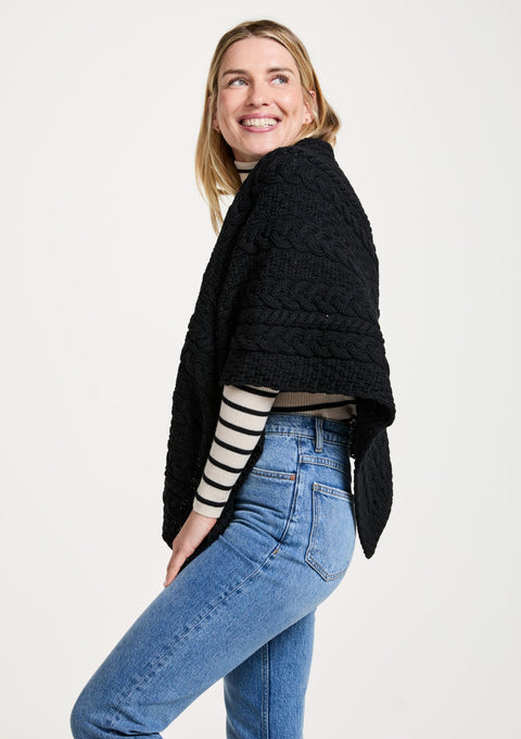 Merino wool, aran, wool poncho, Ireland, knitwear, made in Ireland, wrap,black