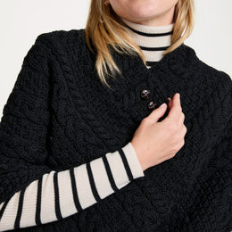 Easkey Ladies Classic Merino Aran Button Poncho - Black