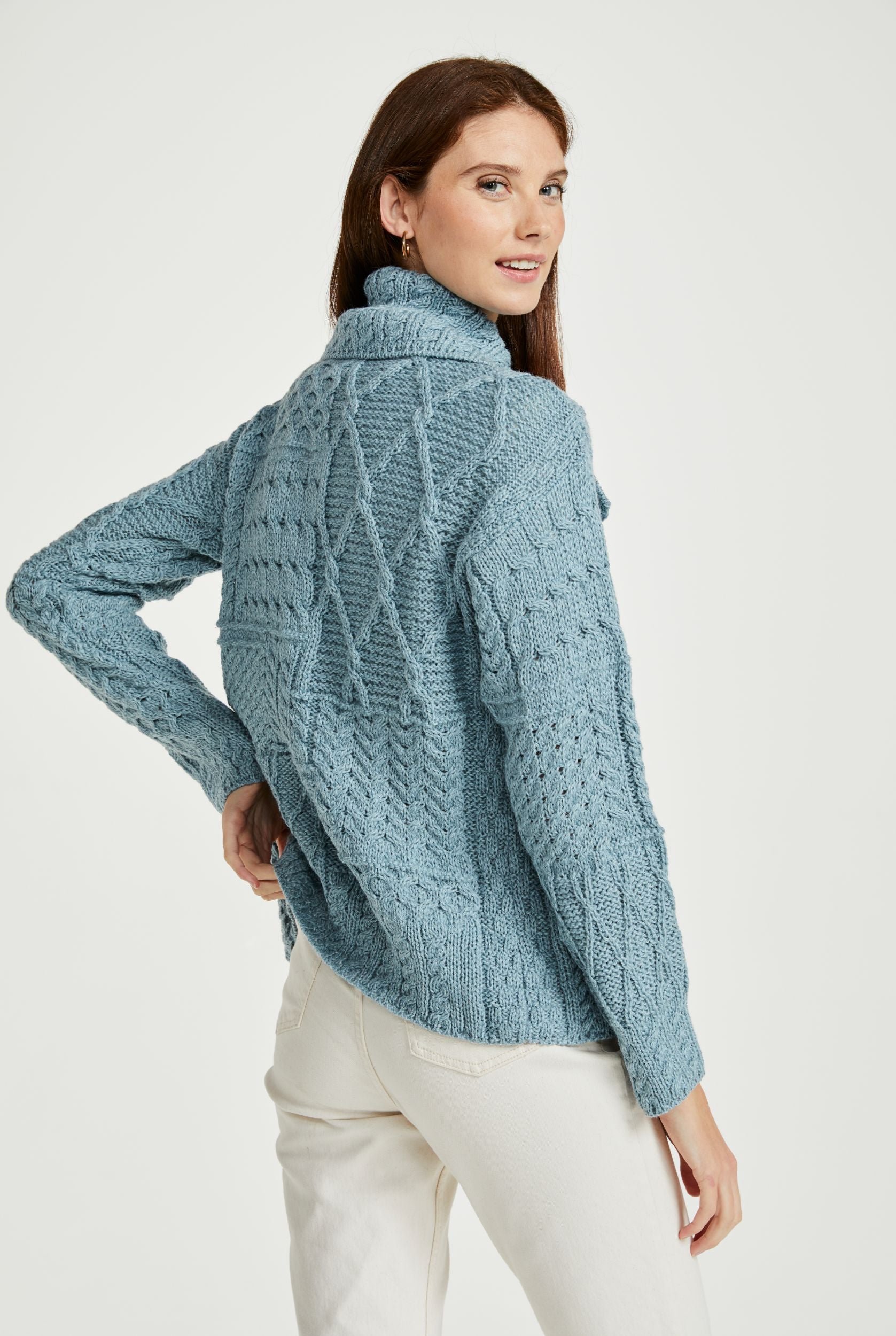 Céide Ladies Merino Aran Cardigan Blue