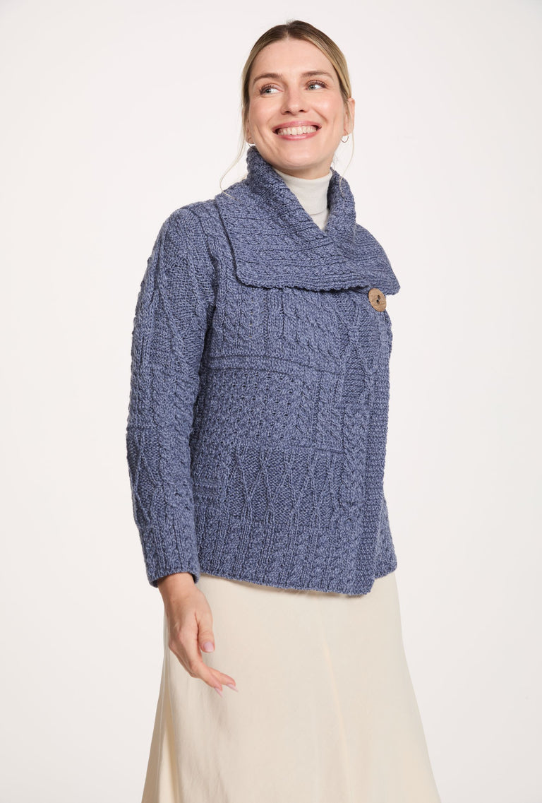 Céide Ladies Merino Aran Cardigan - Denim Blue