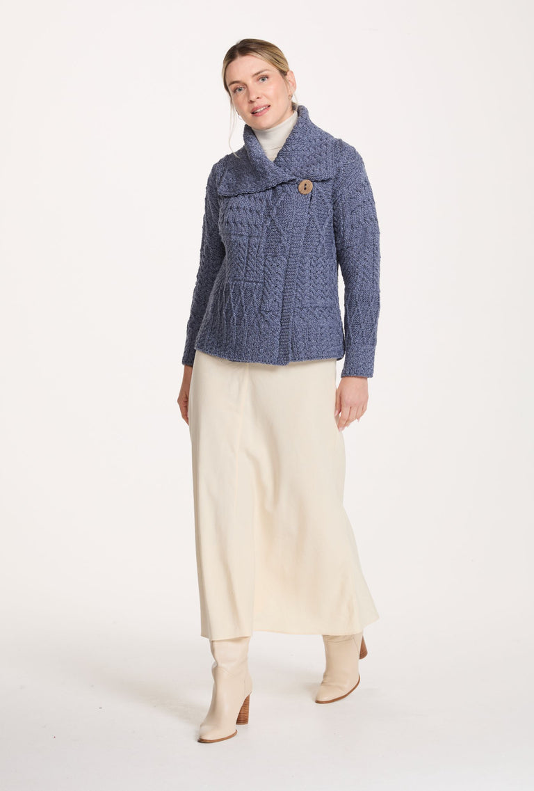 Céide Ladies Merino Aran Cardigan - Denim Blue