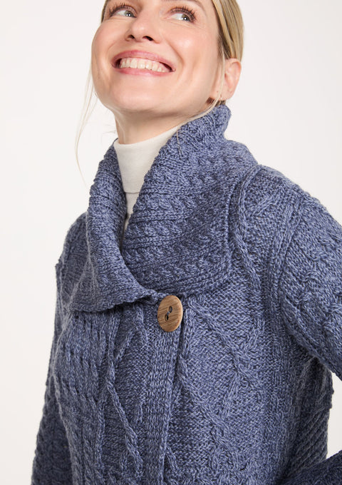 Céide Ladies Merino Aran Cardigan - Denim Blue