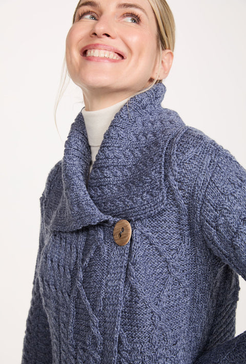 Céide Ladies Merino Aran Cardigan - Denim Blue