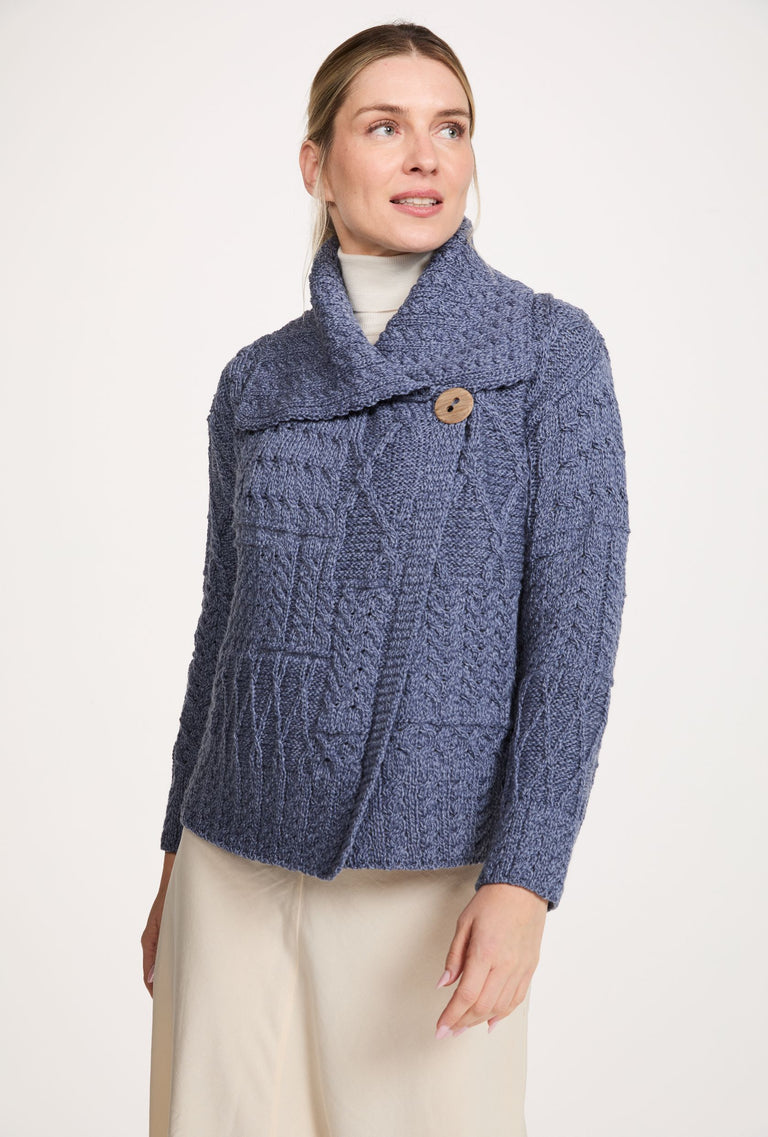 Céide Ladies Merino Aran Cardigan - Denim Blue