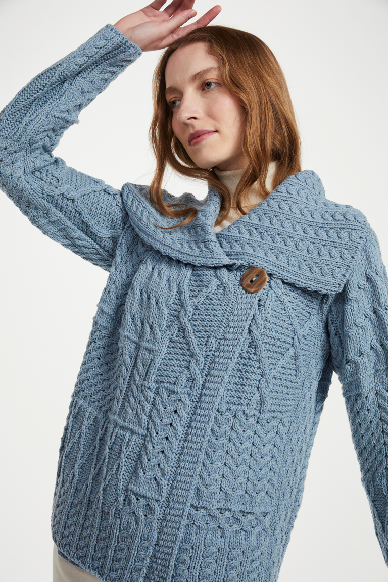 Céide Ladies Merino Aran Cardigan - Blue