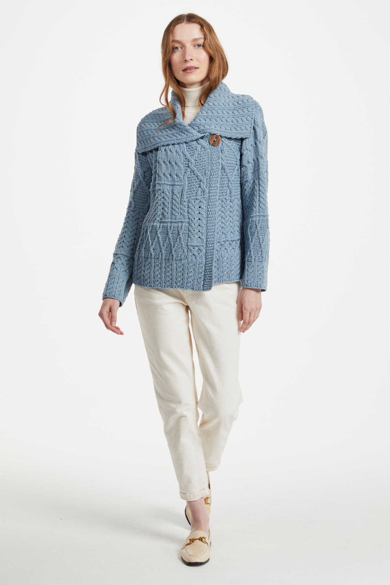 Céide Ladies Merino Aran Cardigan - Blue