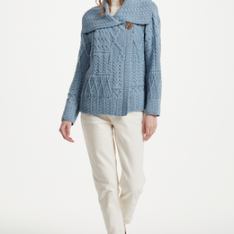 Céide Ladies Merino Aran Cardigan - Blue